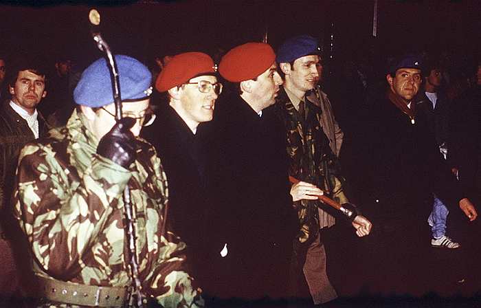 Peter Robinson leads Ulster Resistance militants in a rally