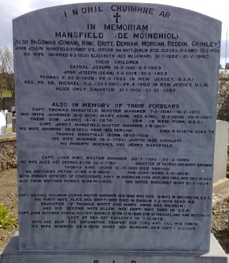 The De Móinbhíol or Mansfield family of Skerries, Ireland, with a monument mentioning two former Confederate officers of the American Civil War