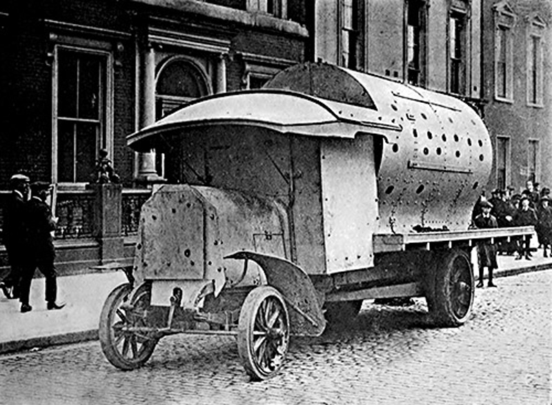 An improvised armoured personnel carrier of the British Army during the 1916 Easter Rising, Dublin, informally known as a “boiler”
